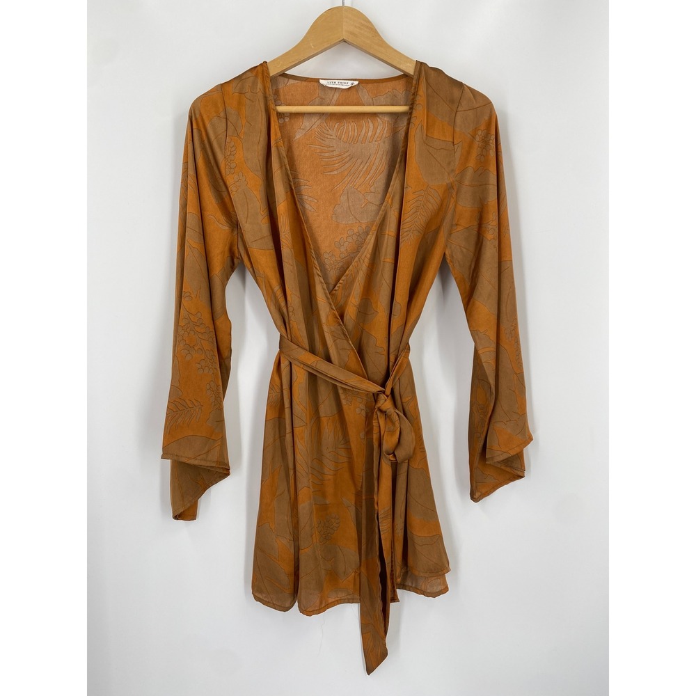 12th Tribe Gold Standard Rust Kimono Dress Orange Tropical Floral Bell Sleeve - Picture 3 of 7